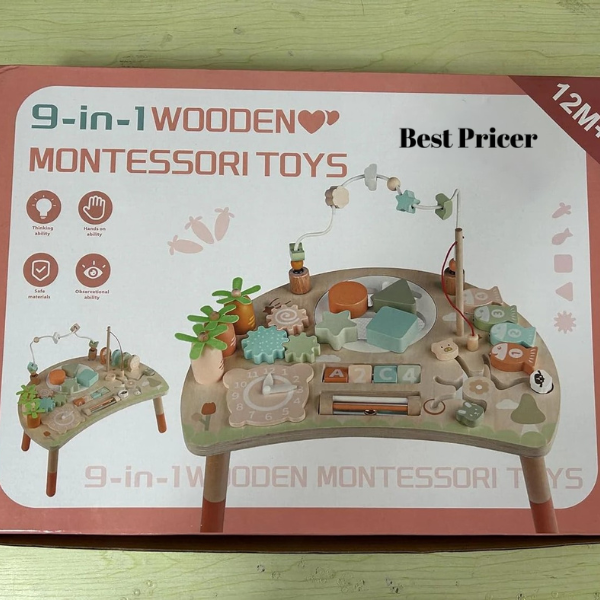Best Pricer™ 9-in-1 Wooden Montessori Activity Table | Educational Busy Board | Sensory Learning Toy | Shape Sorter • Bead Maze • Fishing Game | Perfect 1st Birthday Gift (12 + Months)