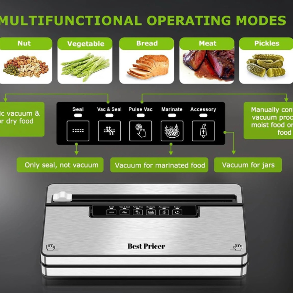 Best Pricer™ Vacuum Sealer Machine VS3201 | 5 Modes | Built-in Cutter & Bag Storage | Globefish™ Continuous High-Speed Operation | Includes 100 Bags + 1 Roll