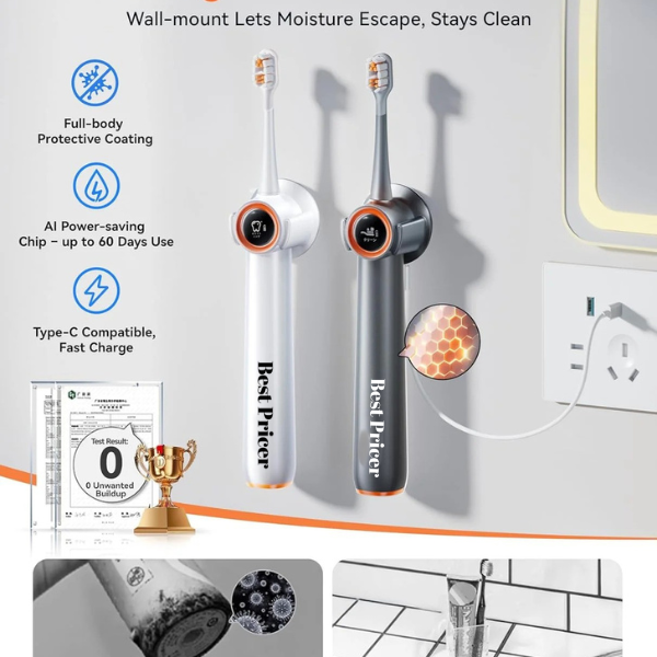 Best Pricer™ AirJet Bubble Sonic 2-in-1 Electric Toothbrush (White) | Flossing + Brushing Technology | 100 % Plaque Removal | Sensitive-Gum Safe | 60-Day Battery | Luxury Gift Set with 2 Brush Heads