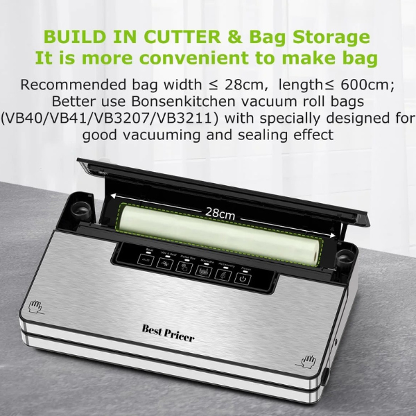Best Pricer™ Vacuum Sealer Machine VS3201 | 5 Modes | Built-in Cutter & Bag Storage | Globefish™ Continuous High-Speed Operation | Includes 100 Bags + 1 Roll