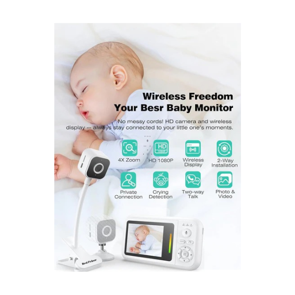 Best Pricer™ Baby Monitor with Camera & Night Vision | 1080 P HD Video | Cot Clip & Holder | 2-Way Talk | Temperature Sensor | Subscription-Free