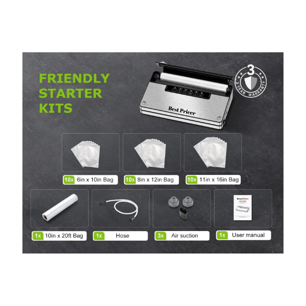 Best Pricer™ Vacuum Sealer Machine VS3201 | 5 Modes | Built-in Cutter & Bag Storage | Globefish™ Continuous High-Speed Operation | Includes 100 Bags + 1 Roll