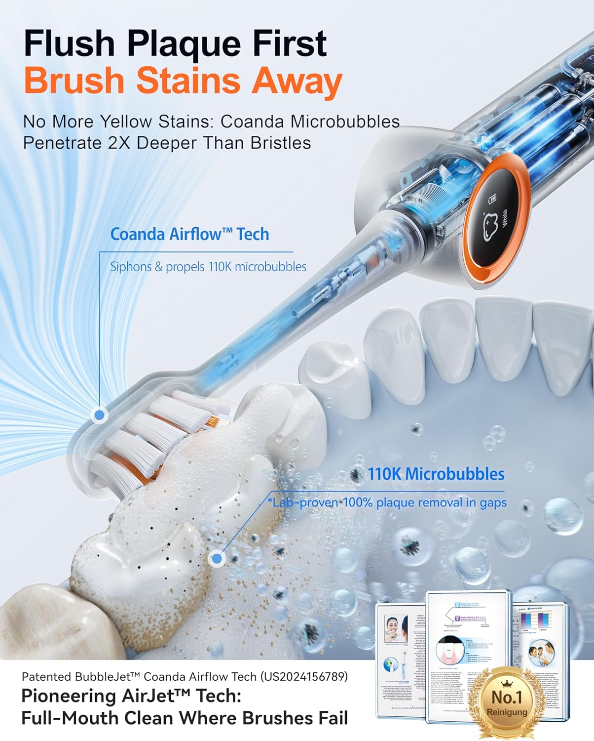 Best Pricer™ AirJet Bubble Sonic 2-in-1 Electric Toothbrush (White) | Flossing + Brushing Technology | 100 % Plaque Removal | Sensitive-Gum Safe | 60-Day Battery | Luxury Gift Set with 2 Brush Heads