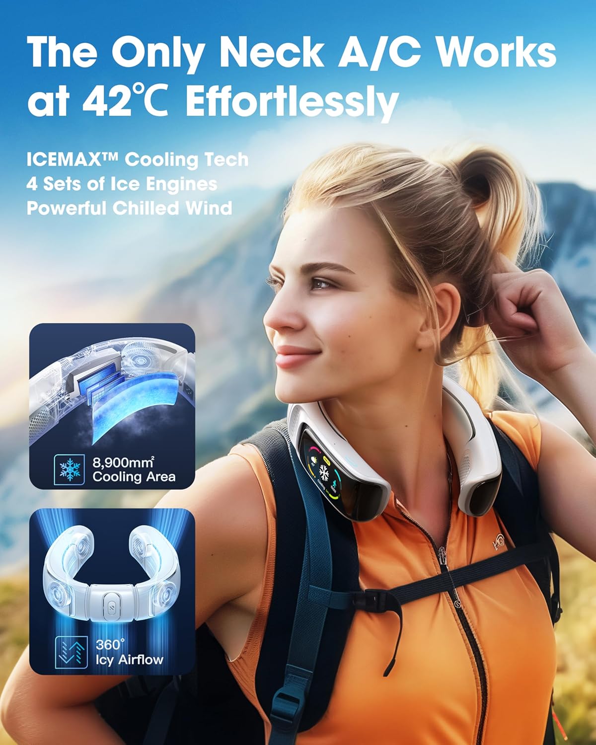 Best Pricer™ AICE 3 AI Neck Air Conditioner – Ice White | AI Cooling System | 7000 mAh Battery | 30 Hours Runtime | Full-Body Airflow | Health Monitor | Wearable & Rechargeable | Music & Call Support