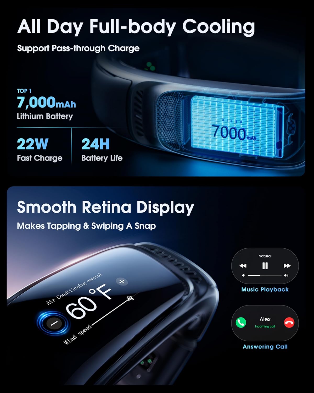 Best Pricer™ AICE 3 AI Neck Air Conditioner – Ice White | AI Cooling System | 7000 mAh Battery | 30 Hours Runtime | Full-Body Airflow | Health Monitor | Wearable & Rechargeable | Music & Call Support