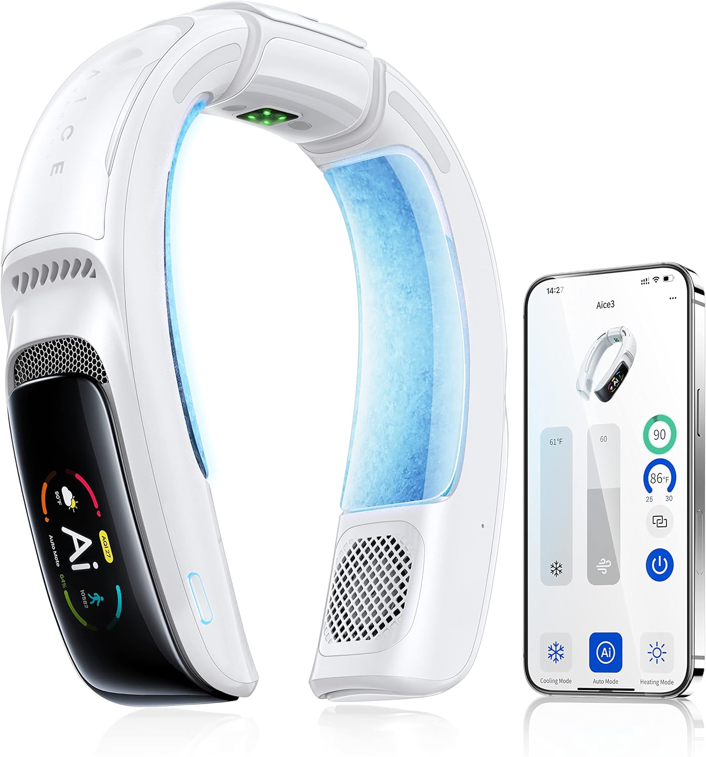 Best Pricer™ AICE 3 AI Neck Air Conditioner – Ice White | AI Cooling System | 7000 mAh Battery | 30 Hours Runtime | Full-Body Airflow | Health Monitor | Wearable & Rechargeable | Music & Call Support