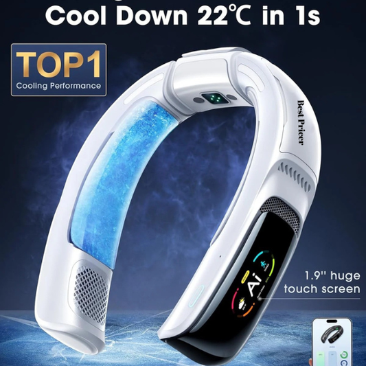 Best Pricer™ AICE 3 AI Neck Air Conditioner – Ice White | AI Cooling System | 7000 mAh Battery | 30 Hours Runtime | Full-Body Airflow | Health Monitor | Wearable & Rechargeable | Music & Call Support
