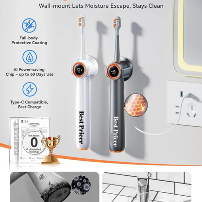 Best Pricer™ AirJet Bubble Sonic 2-in-1 Electric Toothbrush (White) | Flossing + Brushing Technology | 100 % Plaque Removal | Sensitive-Gum Safe | 60-Day Battery | Luxury Gift Set with 2 Brush Heads