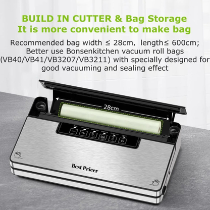 Best Pricer™ Vacuum Sealer Machine VS3201 | 5 Modes | Built-in Cutter & Bag Storage | Globefish™ Continuous High-Speed Operation | Includes 100 Bags + 1 Roll
