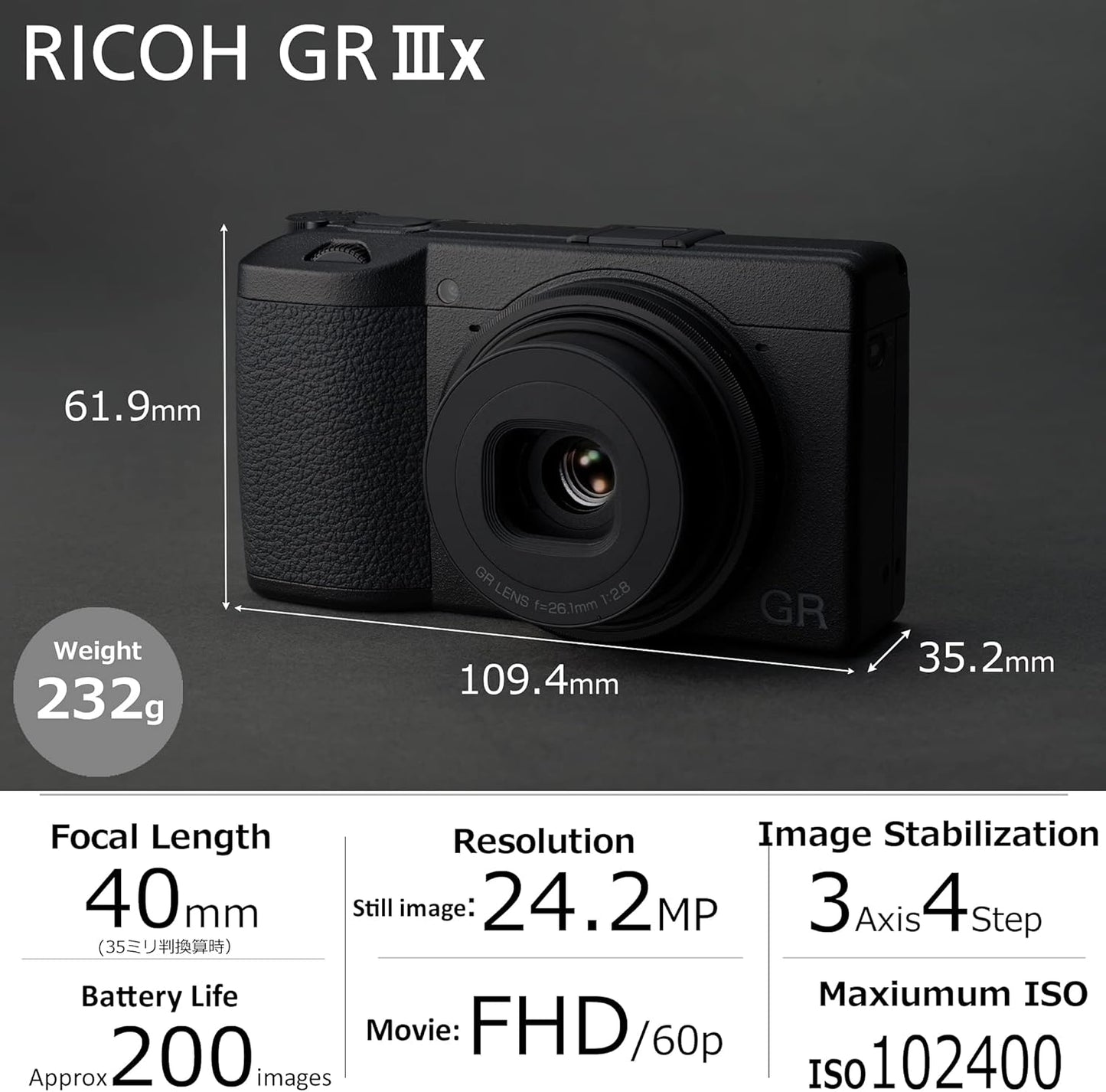 Ricoh GR IIIx Digital Camera – 40mm f/2.8 Lens, 24.2MP APS-C Sensor, Fast Hybrid AF
